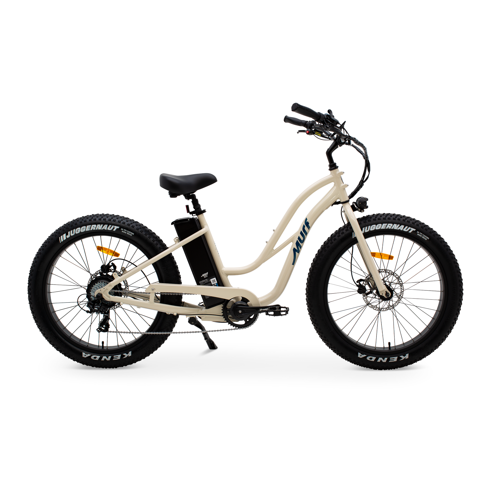 The Fat Murf Step-Thru electric bike in Desert Storm, shown from side in a studio view.