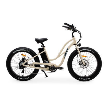 The Fat Murf Step-Thru electric bike in Desert Storm, shown from side in a studio view.