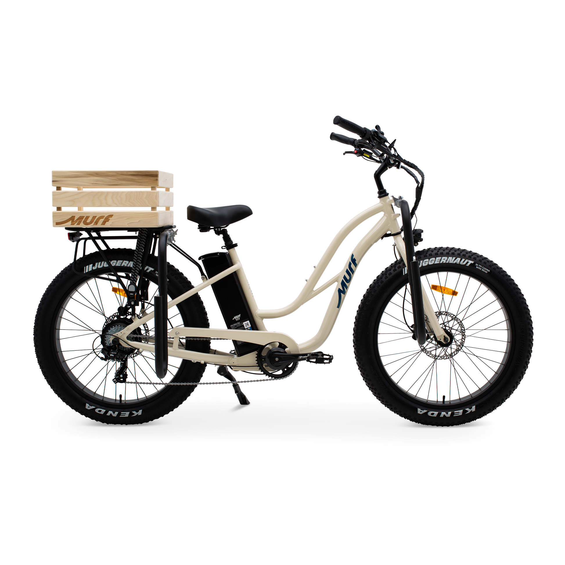  The Fat Murf Step-Thru in Bone White with a wooden crate and empty side mounted surf rack attached side view