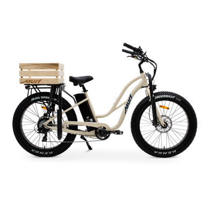  The Fat Murf Step-Thru in Bone White with a wooden crate and empty side mounted surf rack attached side view