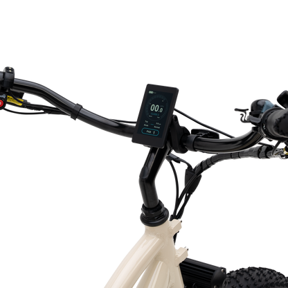 A close-up of The Fat Murf Step-Thru's cruiser handlebars and high-resolution display screen.