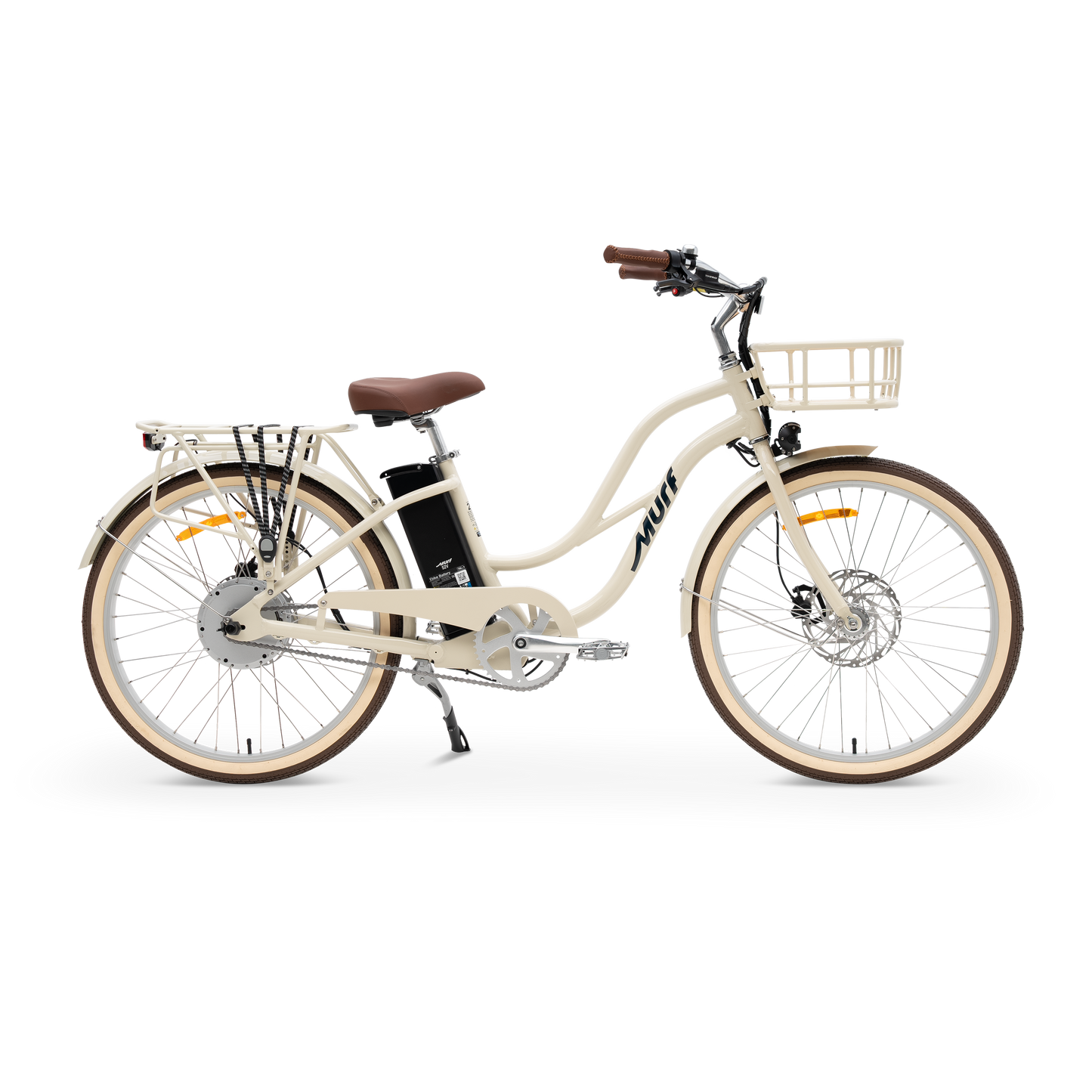 The Gigi step-thru electric cruiser bike in Bone beige, shown from the side in a studio view