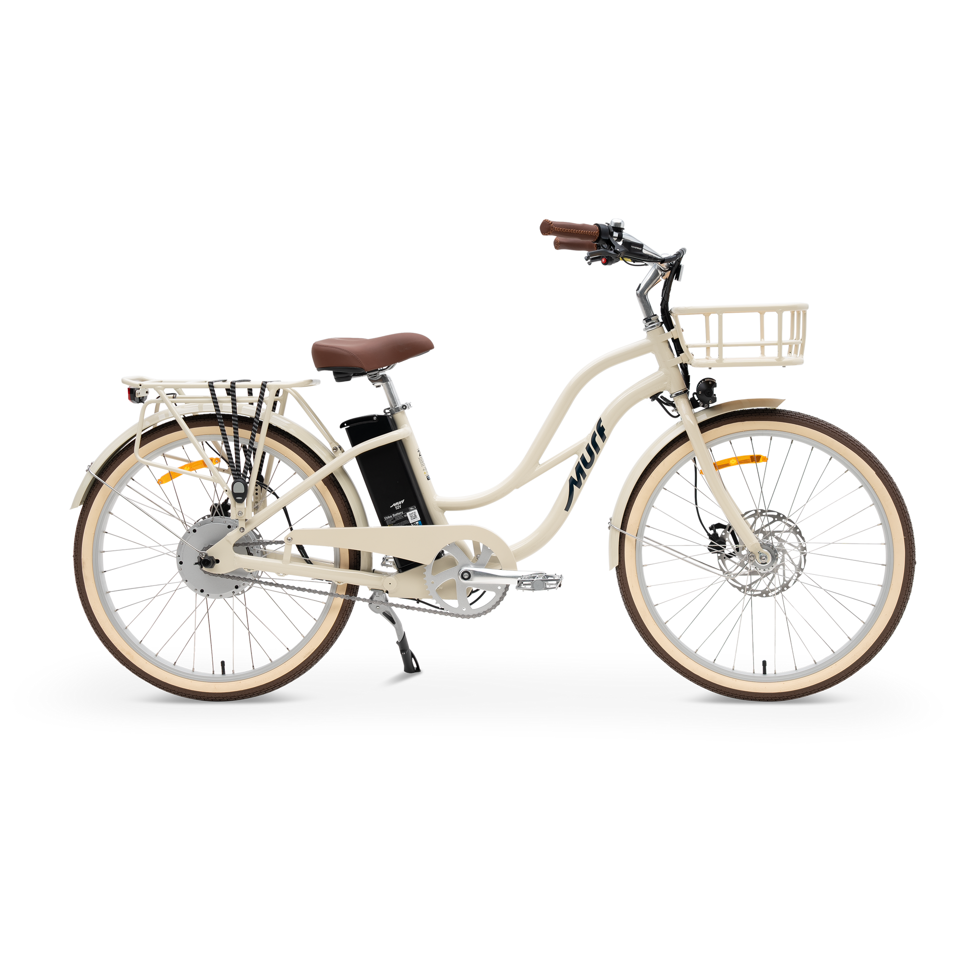 The Gigi step-thru electric cruiser bike in Bone beige, shown from the side in a studio view