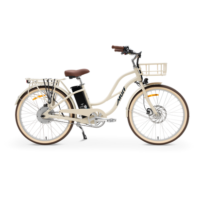 The Gigi step-thru electric cruiser bike in Bone beige, shown from the side in a studio view
