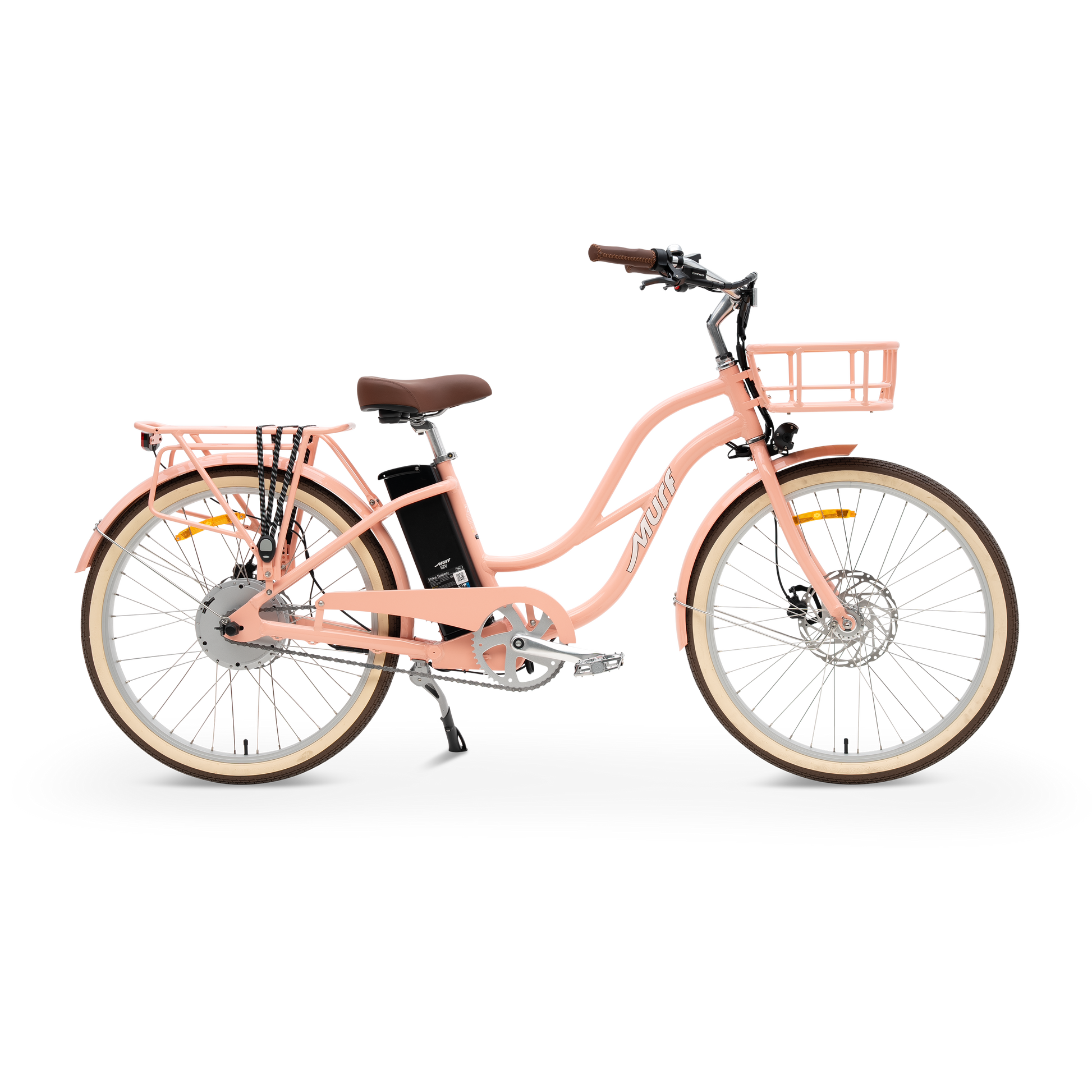 The Gigi step-thru electric cruiser bike in Beach Peach shown from the side in a studio view