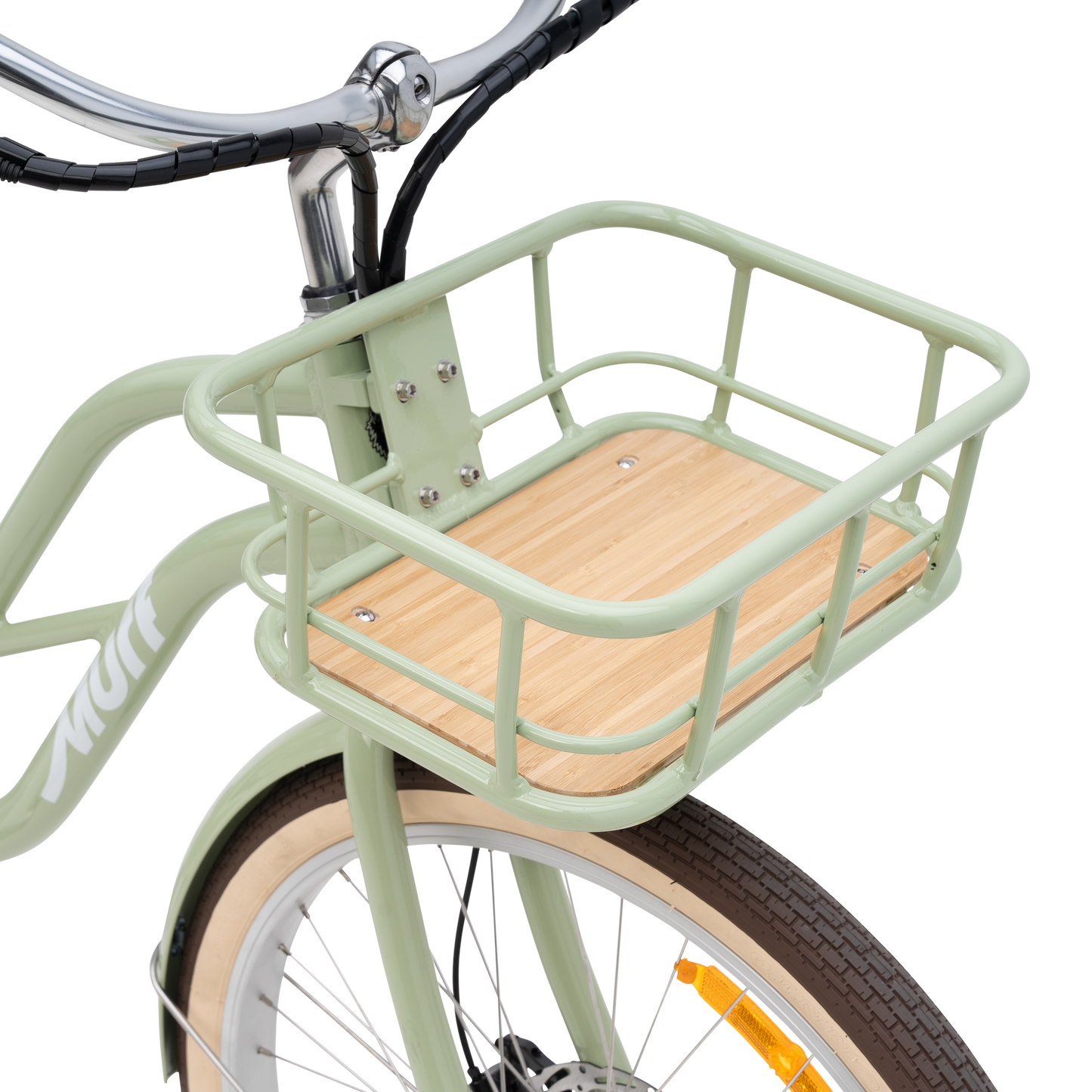 Sustainable Bamboo Front Basket included with The Gigi Electric Cruiser
