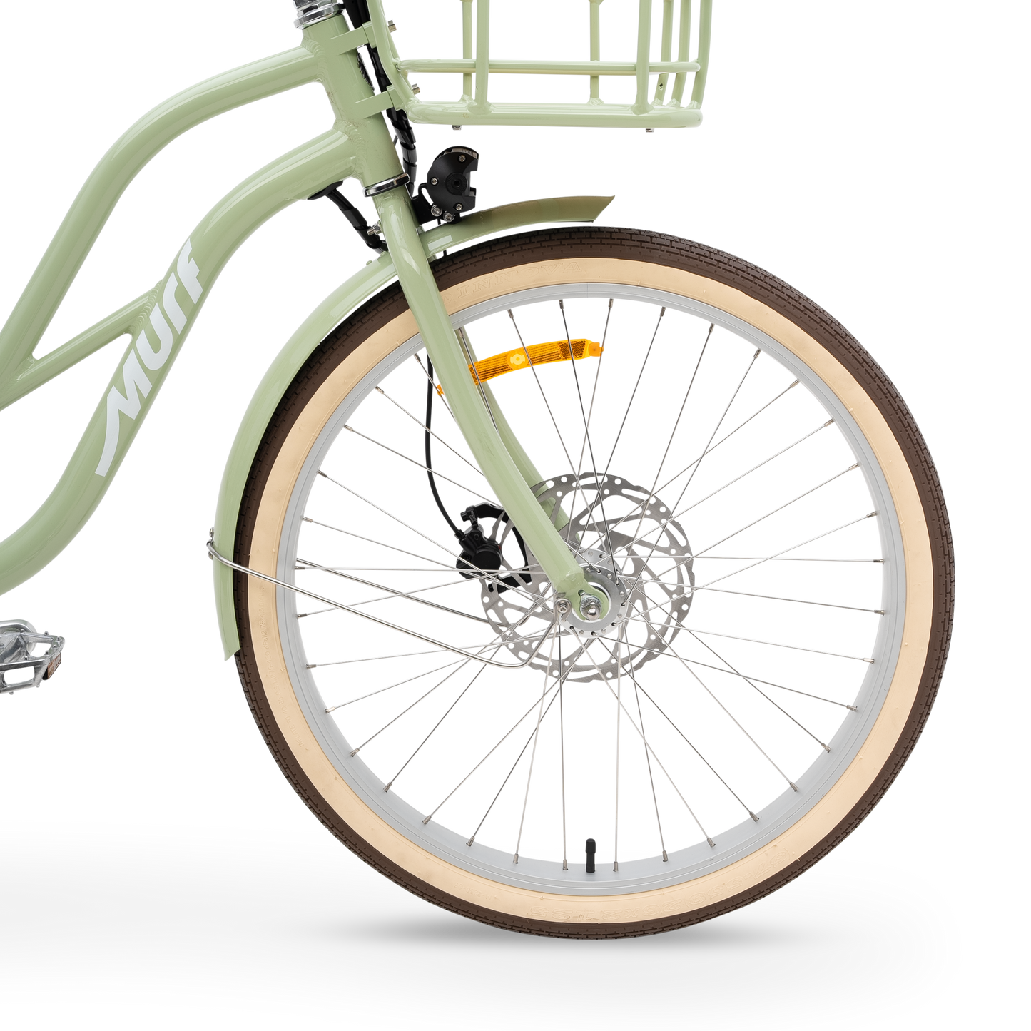 Close-up of The Gigi's front wheel, showing the Tektro hydraulic disc brakes and color-matched fender.