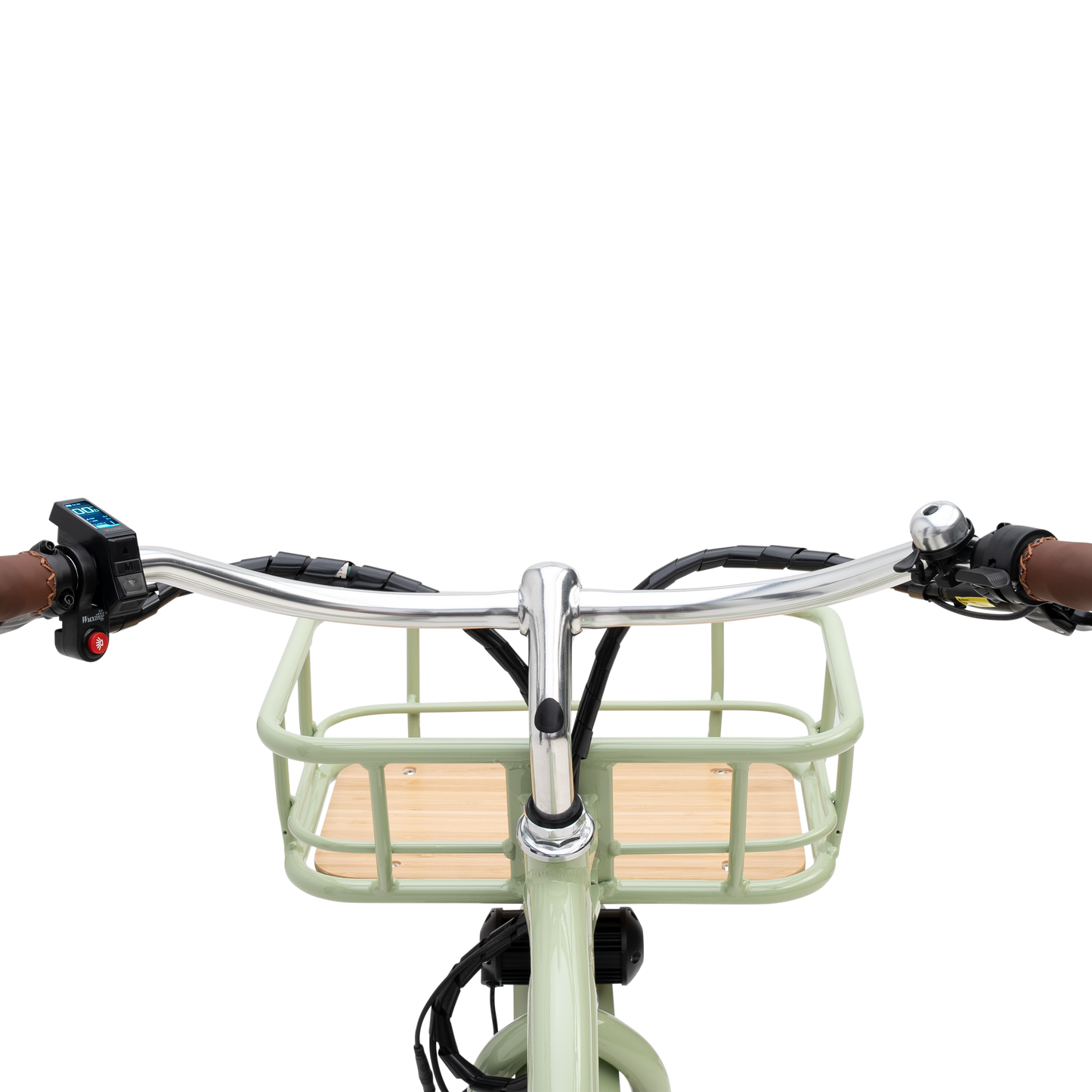 Rider View of The Gigi E-Bike - Chrome Handlebars, Color LCD Display, and Bamboo Basket