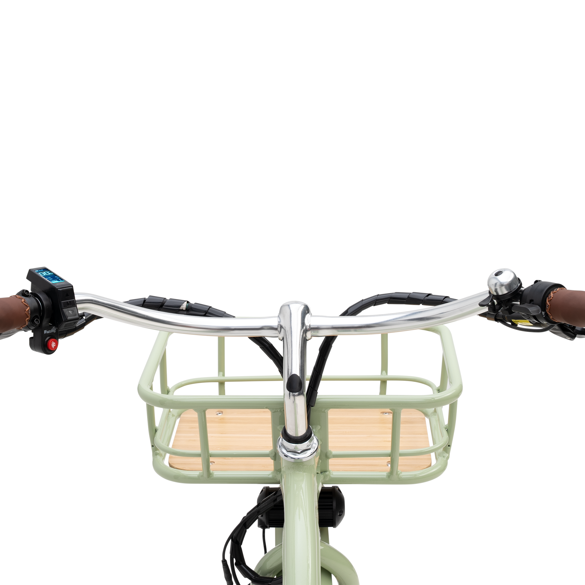 Rider View of The Gigi E-Bike - Chrome Handlebars, Color LCD Display, and Bamboo Basket