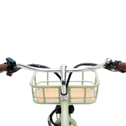 Rider View of The Gigi E-Bike - Chrome Handlebars, Color LCD Display, and Bamboo Basket