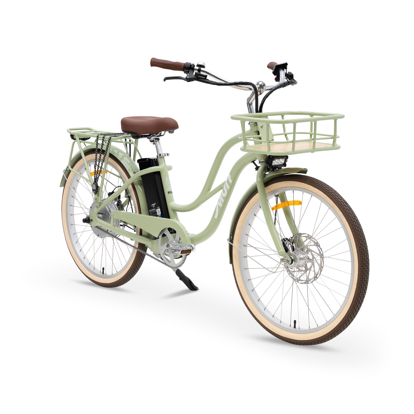 The Gigi Electric Cruiser in Sage Green - Class 3 Step-Thru E-Bike with Bamboo Basket