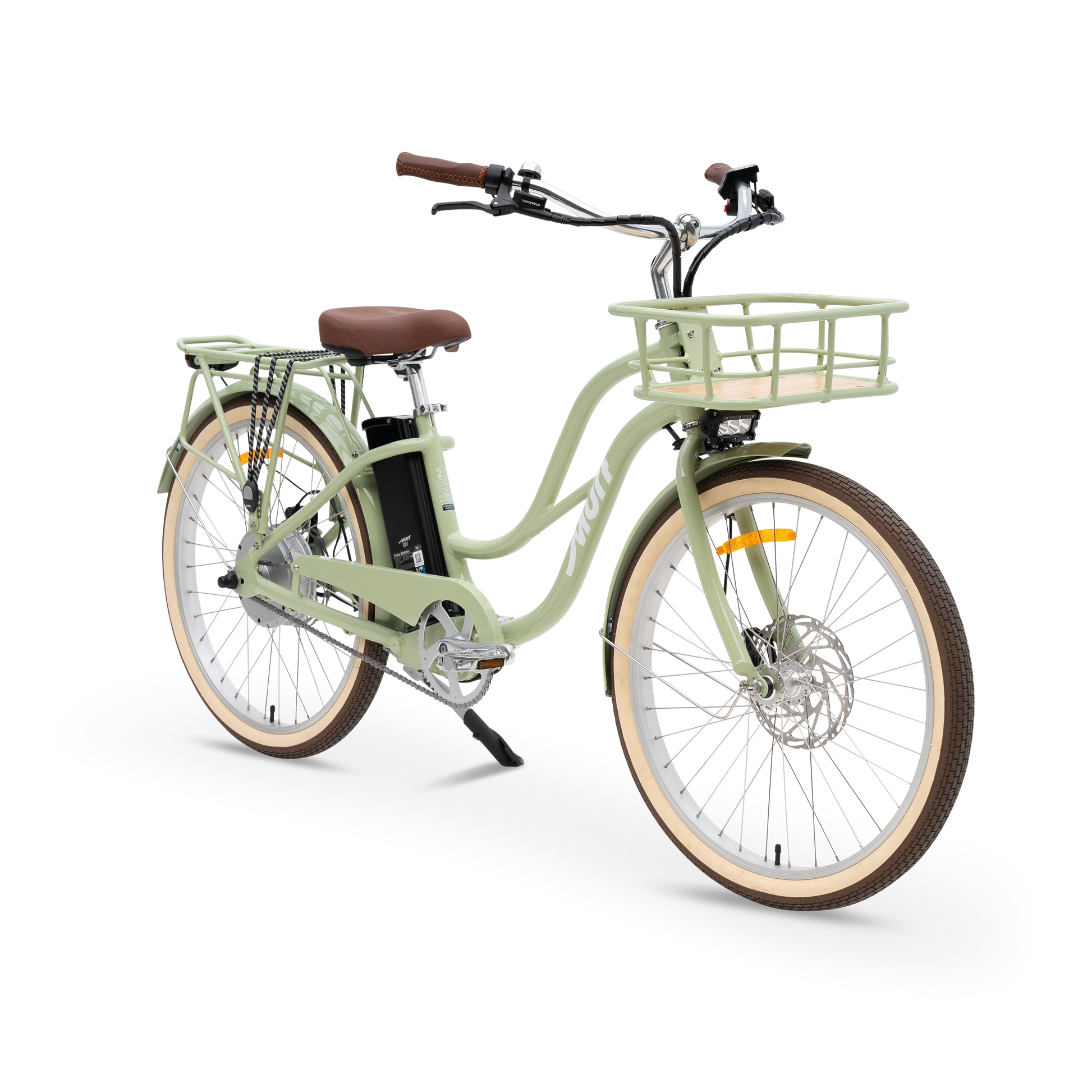 The Gigi Electric Cruiser in Sage Green - Class 3 Step-Thru E-Bike with Bamboo Basket