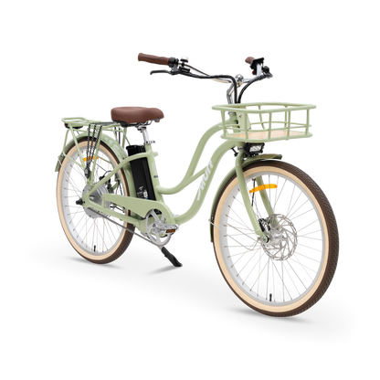 The Gigi Electric Cruiser in Sage Green - Class 3 Step-Thru E-Bike with Bamboo Basket