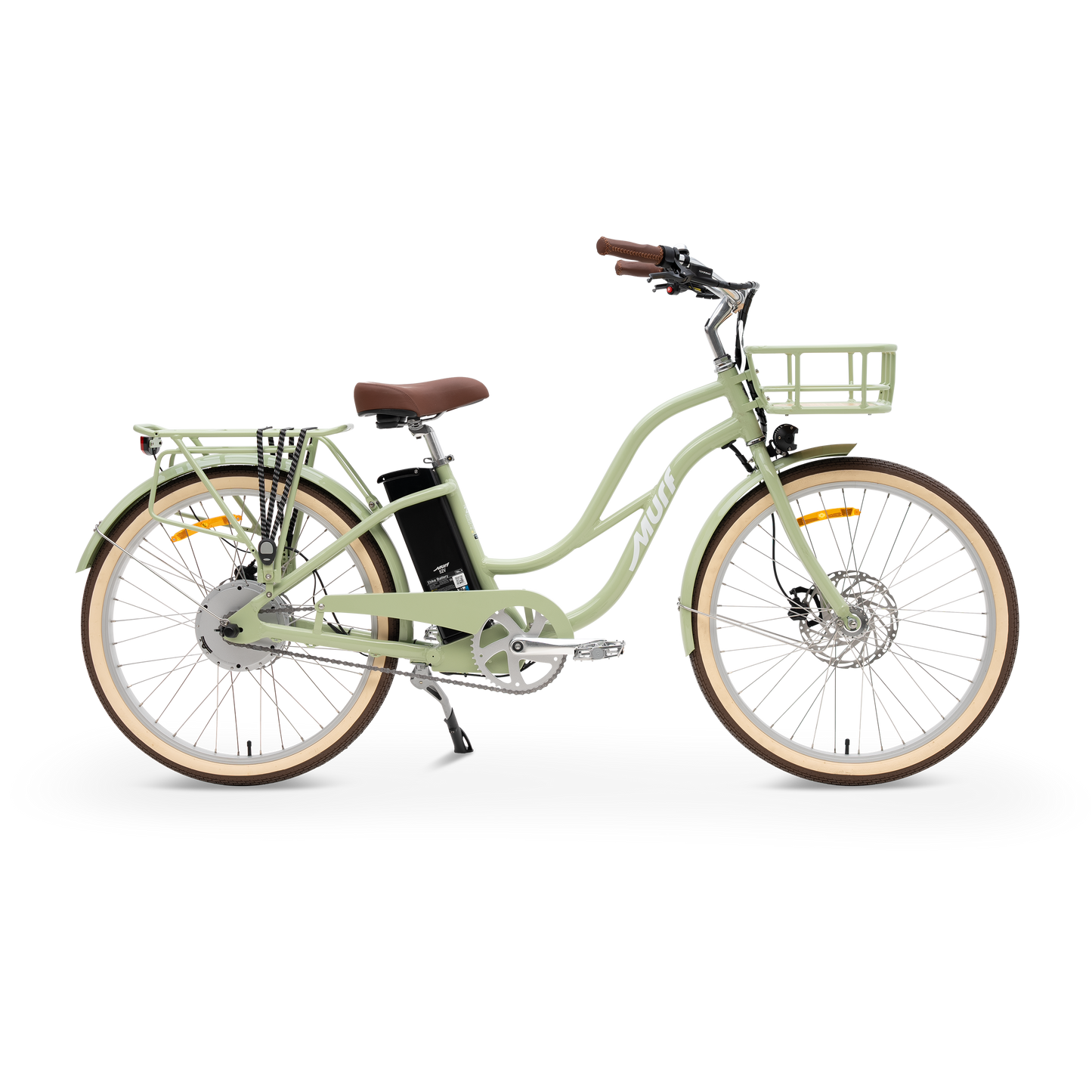 The Gigi Electric Cruiser in Sage Green - Class 3 Step-Thru E-Bike with Bamboo Basket