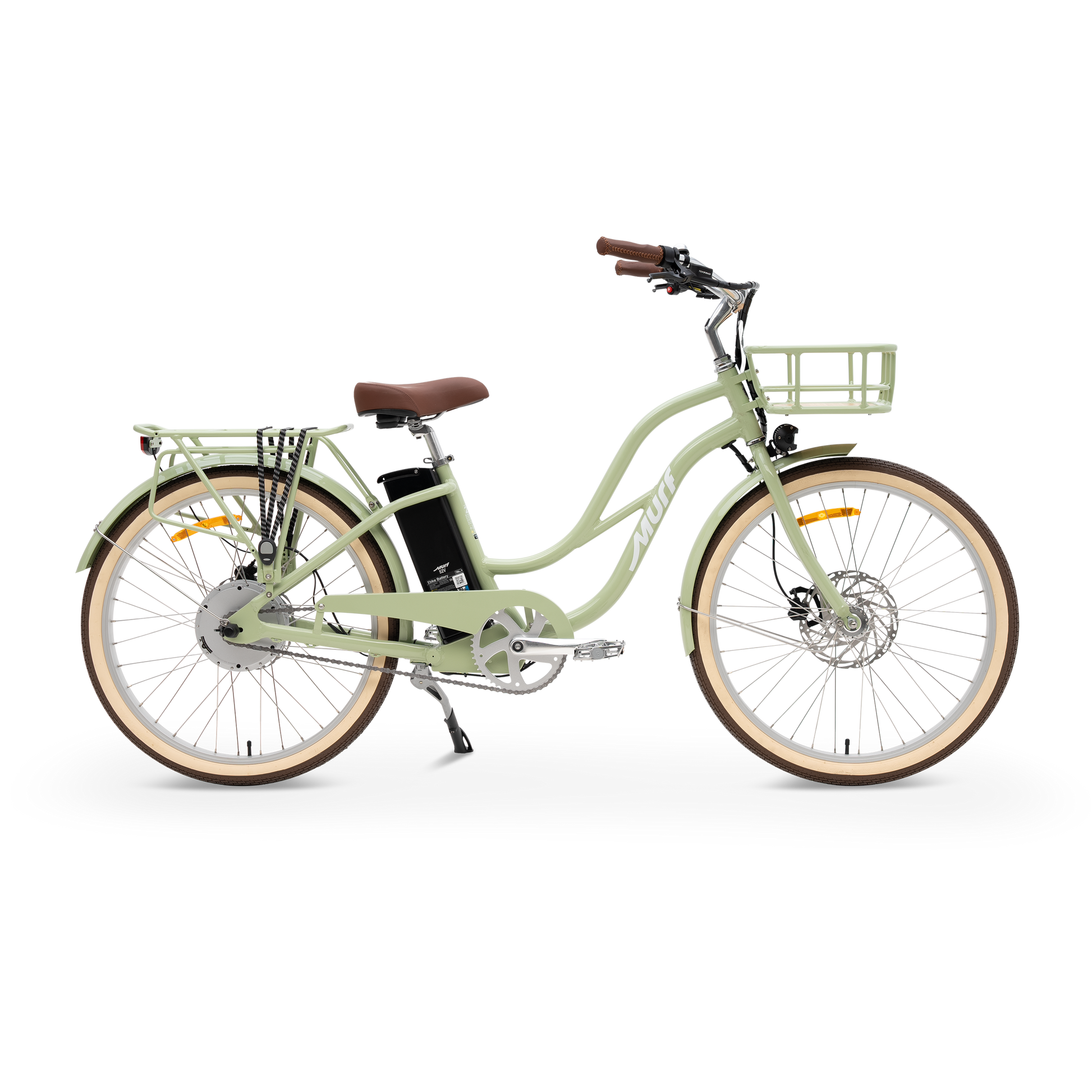 The Gigi Electric Cruiser in Sage Green - Class 3 Step-Thru E-Bike with Bamboo Basket