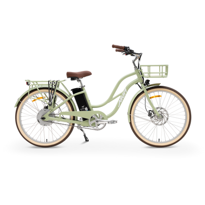 The Gigi Electric Cruiser in Sage Green - Class 3 Step-Thru E-Bike with Bamboo Basket