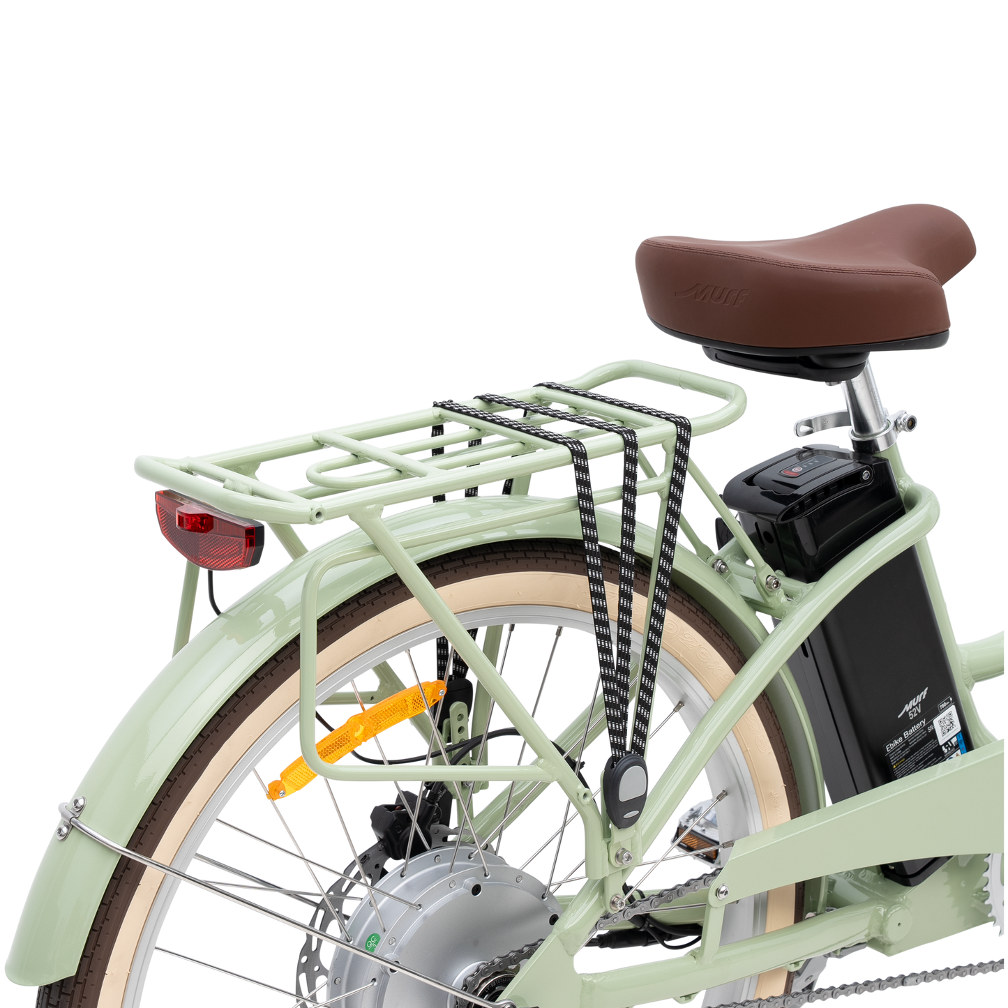 Detailed view of The Gigi's color-matched integrated rear rack, leather-inspired saddle, and tail light.