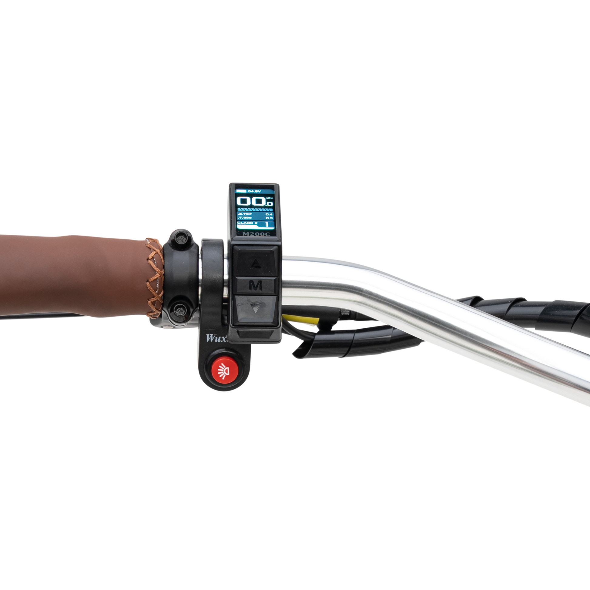  A detailed view of The Gigi's compact handlebar display screen and leather grips 