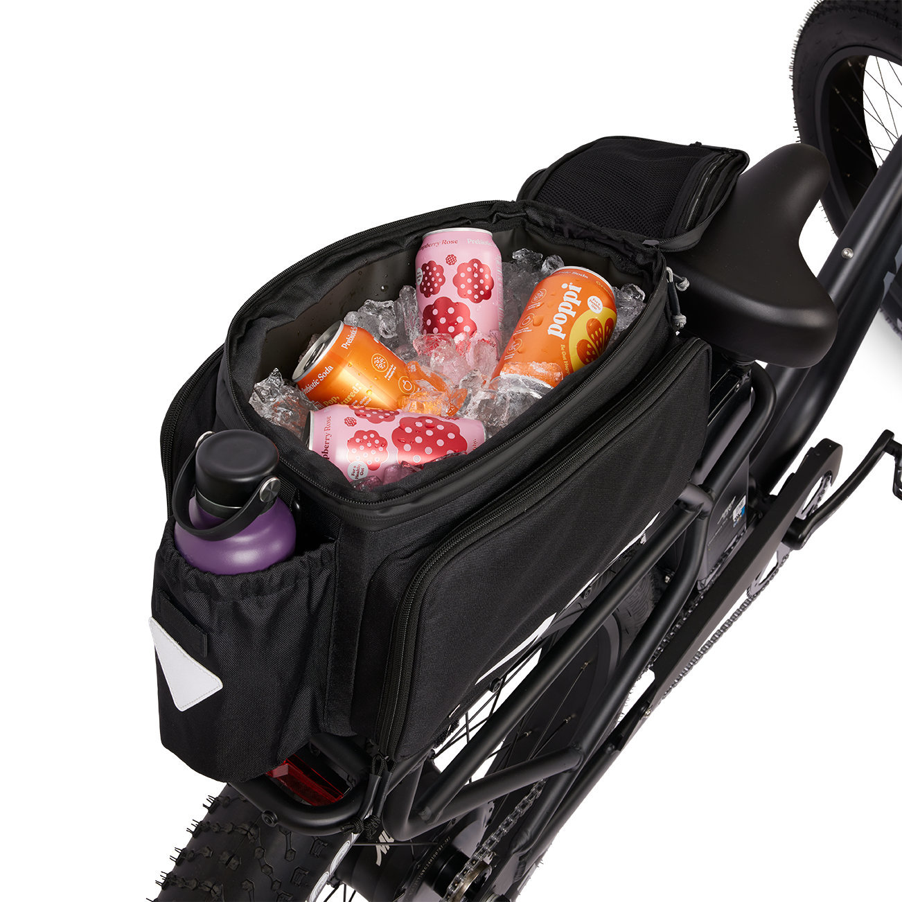 Murf Big Dawg Rack Bag mounted on a rear bike rack, demonstrating its use as a cooler with ice, drinks, and a water bottle in the side mesh pocket.