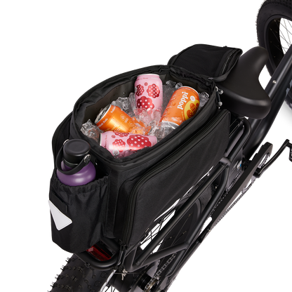 Murf Big Dawg Rack Bag mounted on a rear bike rack, demonstrating its use as a cooler with ice, drinks, and a water bottle in the side mesh pocket.