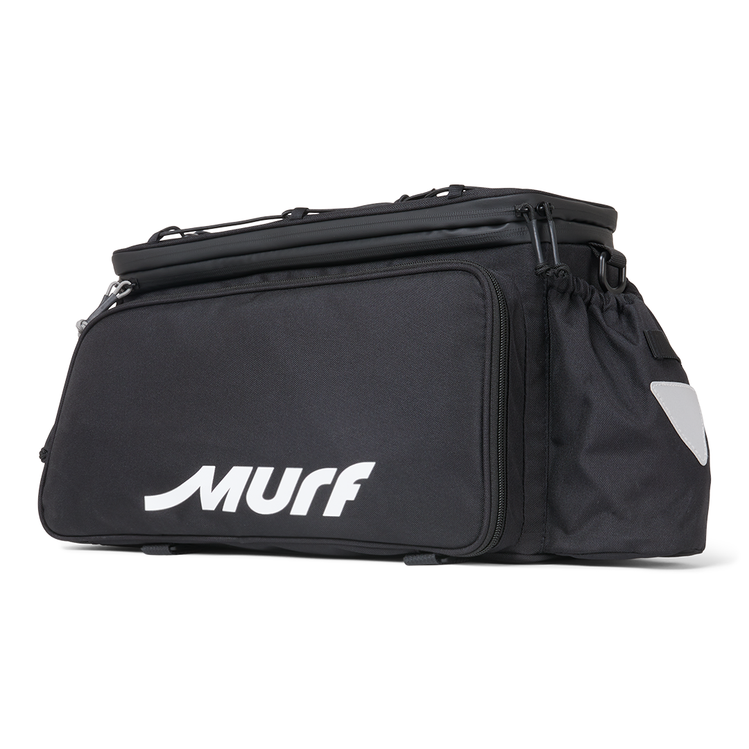 Murf Big Dawg Rack Bag product photo, black with reflective accents, showing large main compartment and built-in bungee straps