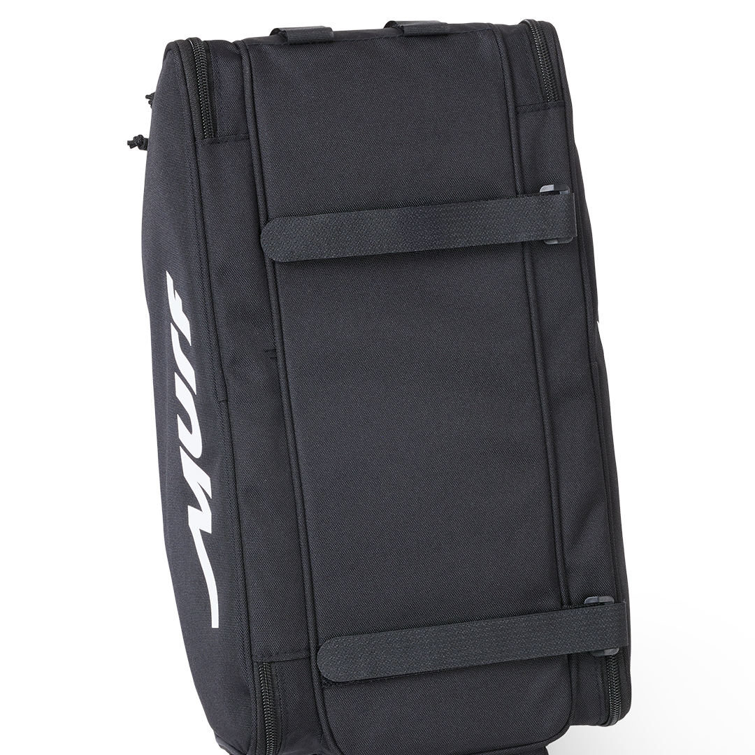 Bottom view of the Murf Big Dawg Rack Bag, highlighting the two secure velcro straps used for tool-free mounting to the rear rack.