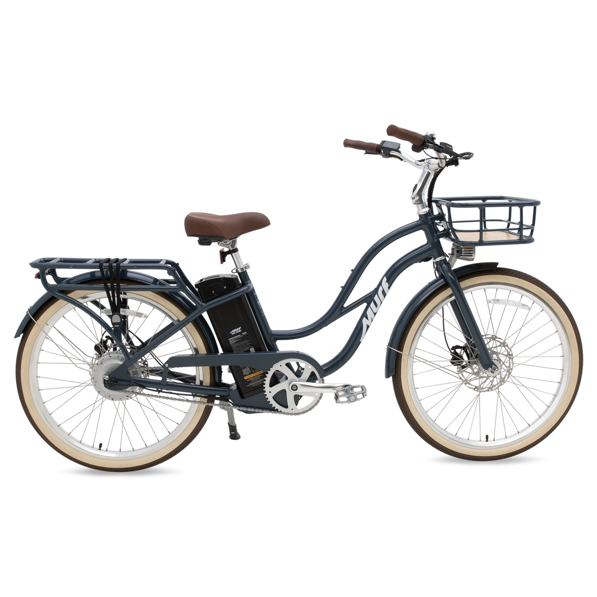 The Gigi electric cruiser bike in Marine Blue, angle view showing bamboo basket and rear rack