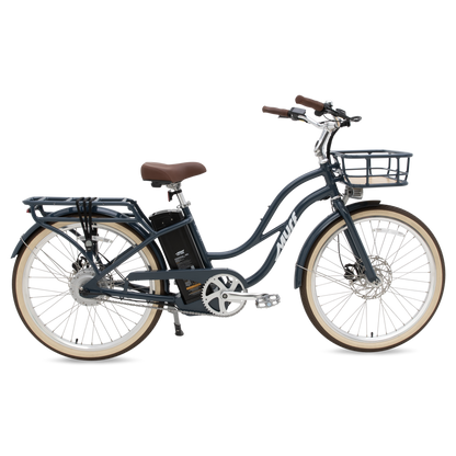 The Gigi electric cruiser bike in Marine Blue, angle view showing bamboo basket and rear rack