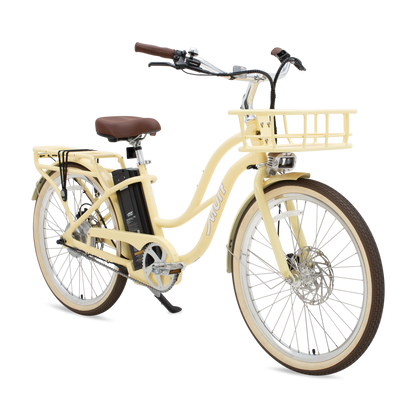 The Gigi Cruiser E-Bike in Sunglow Yellow - Class 3 Step-Thru Electric Cruiser with Bamboo Basket