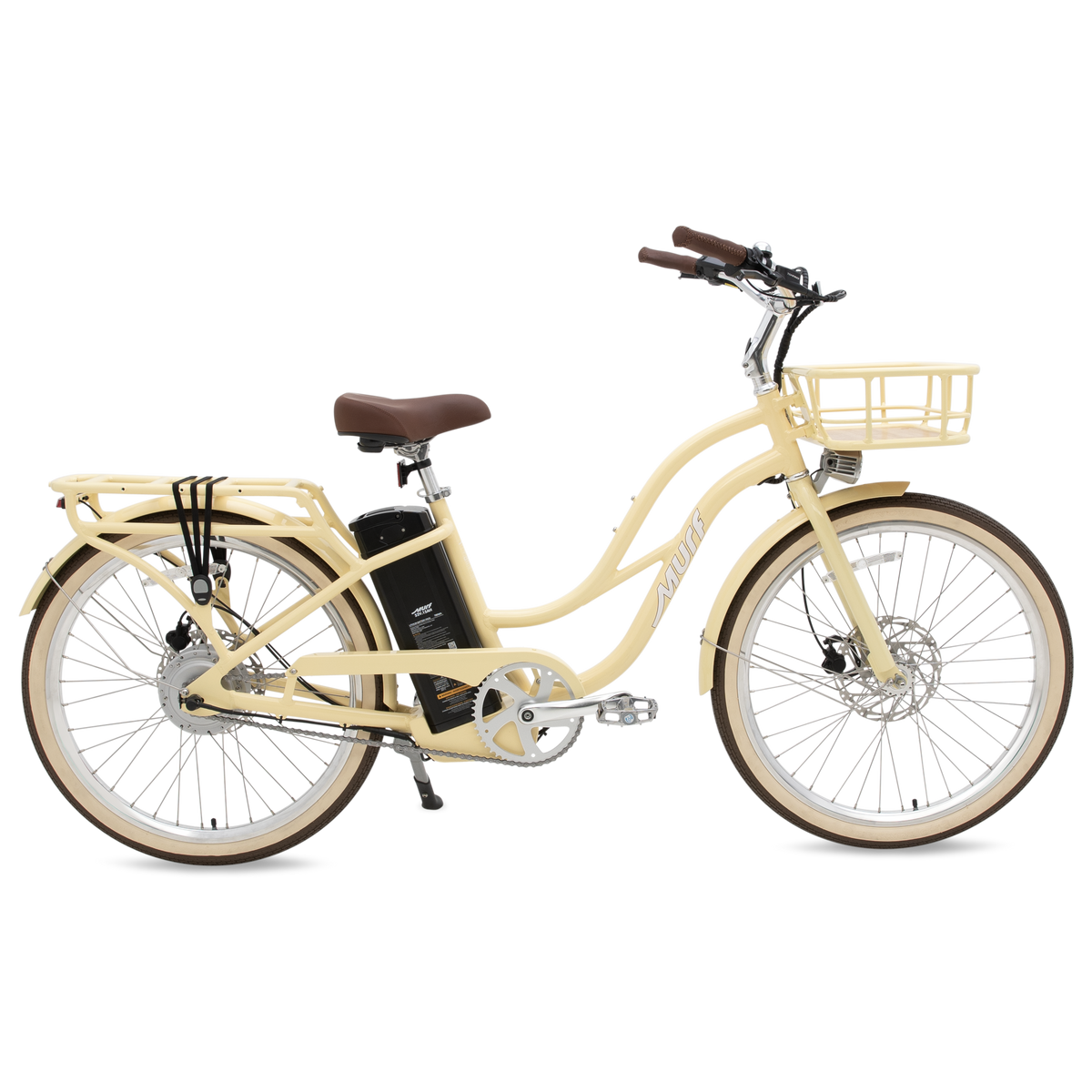 The Gigi electric cruiser bike in Sunglow Yellow, angle view showing bamboo basket and rear rack