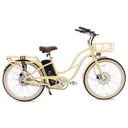 The Gigi electric cruiser bike in Sunglow Yellow, angle view showing bamboo basket and rear rack