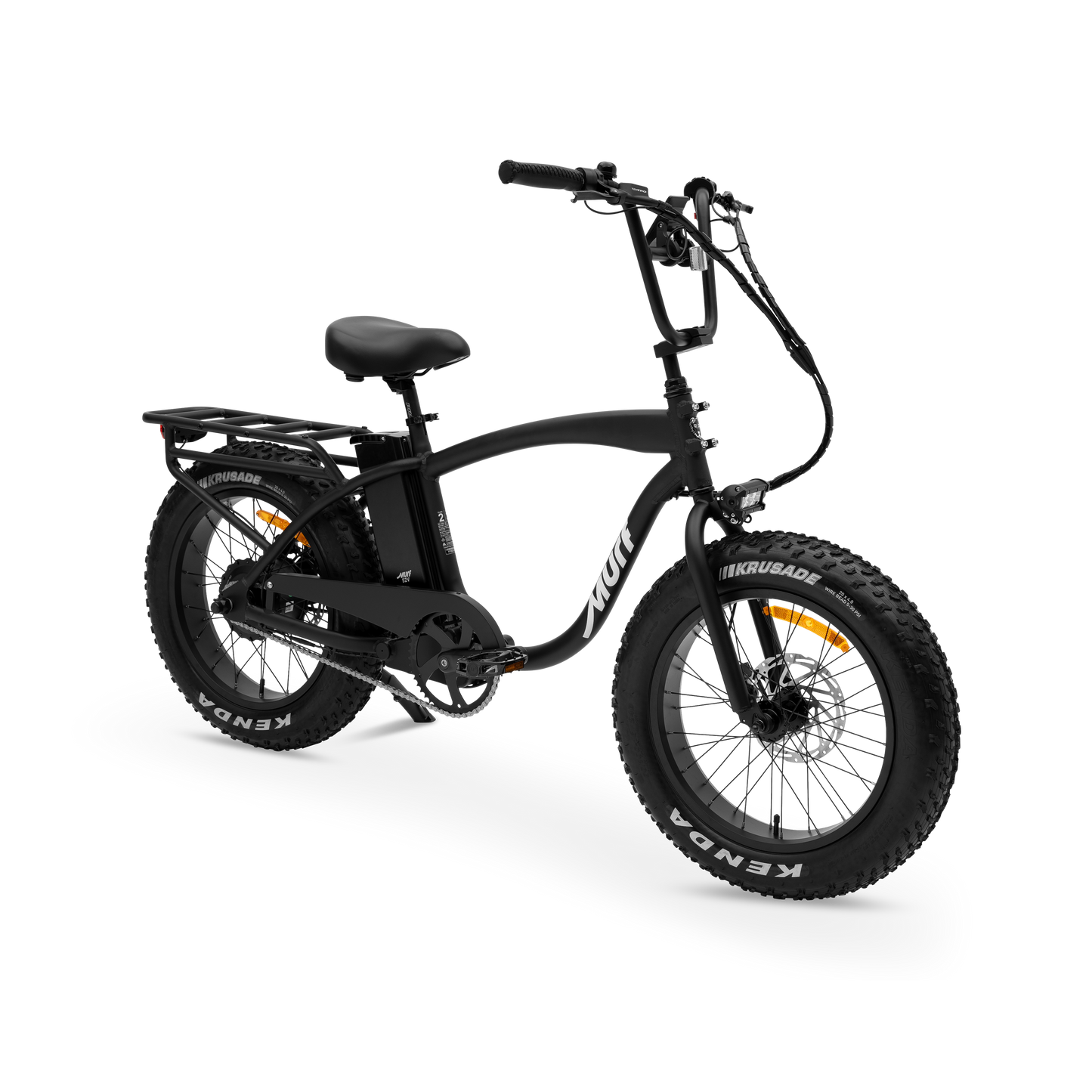 The Higgs  fat tire e-bike in black, shown from three quarter in a studio view.
