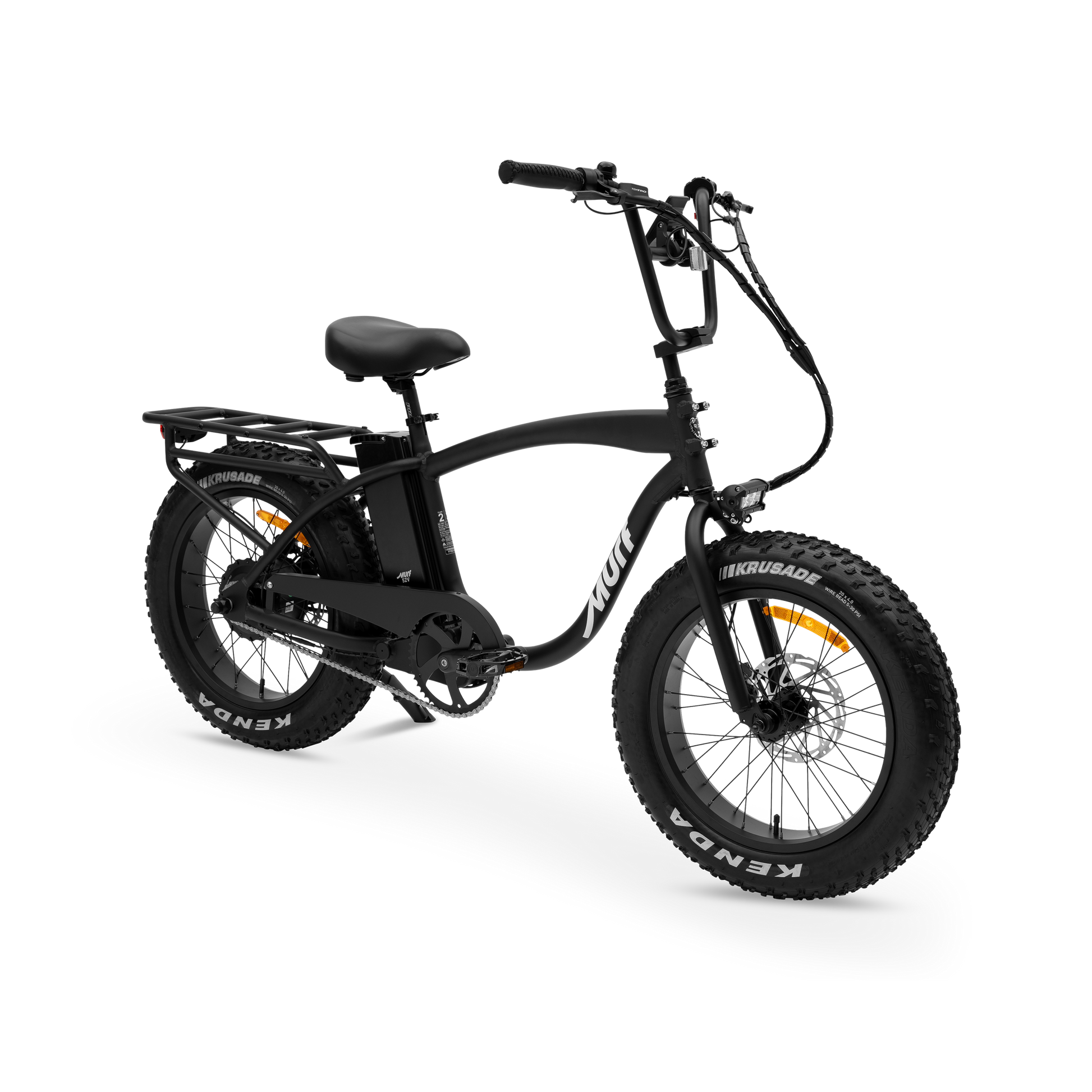 The Higgs  fat tire e-bike in black, shown from three quarter in a studio view.
