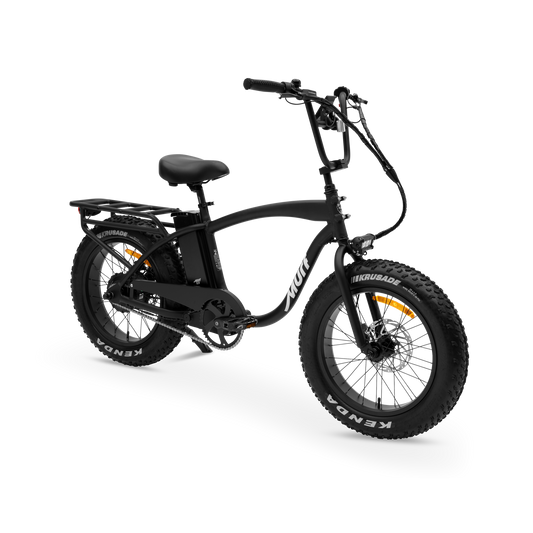 The Higgs  fat tire e-bike in black, shown from three quarter in a studio view.
