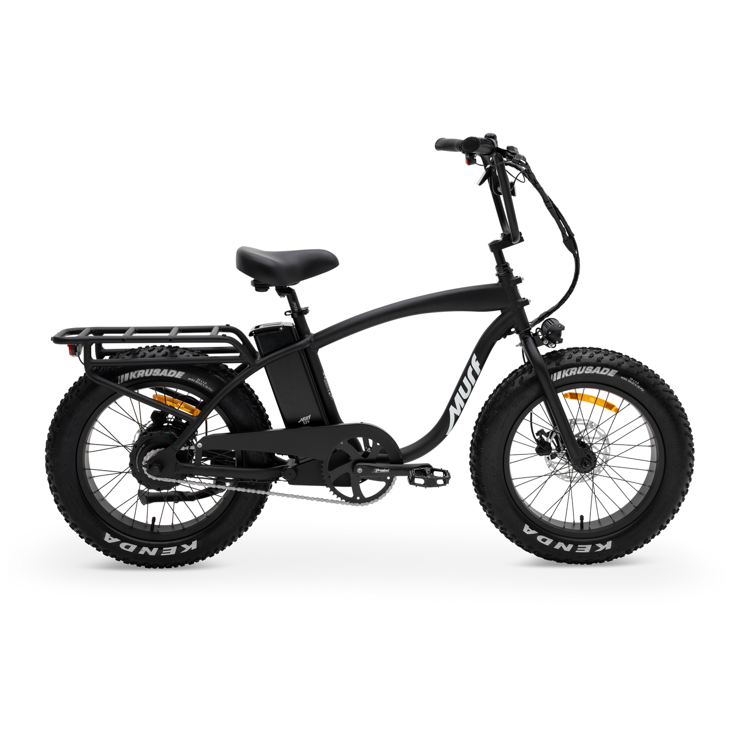 The Higgs  fat tire e-bike in black, shown from the side in a studio view.