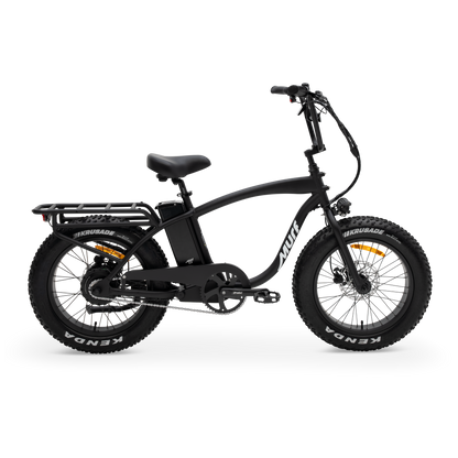 The Higgs  fat tire e-bike in black, shown from the side in a studio view.