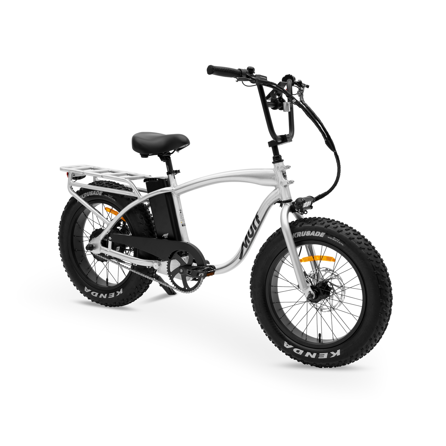 The Higgs  fat tire e-bike in raw polished aluminum frame, shown from three quarter in a studio view.
