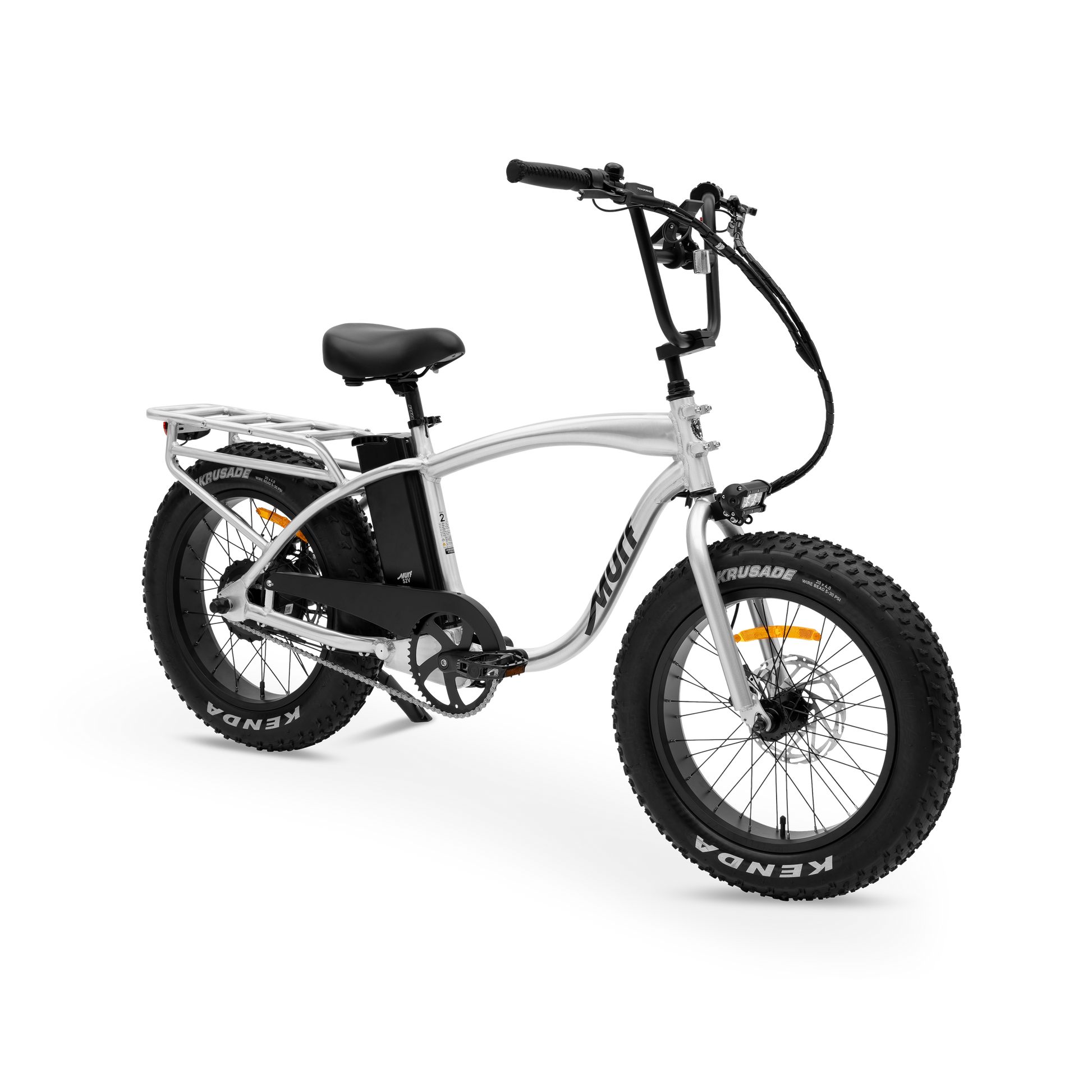 The Higgs  fat tire e-bike in raw polished aluminum frame, shown from three quarter in a studio view.
