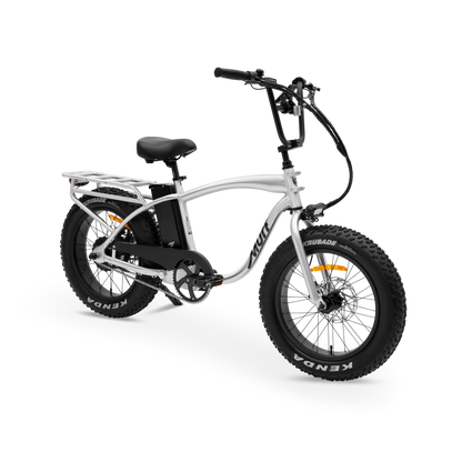 The Higgs  fat tire e-bike in raw polished aluminum frame, shown from three quarter in a studio view.
