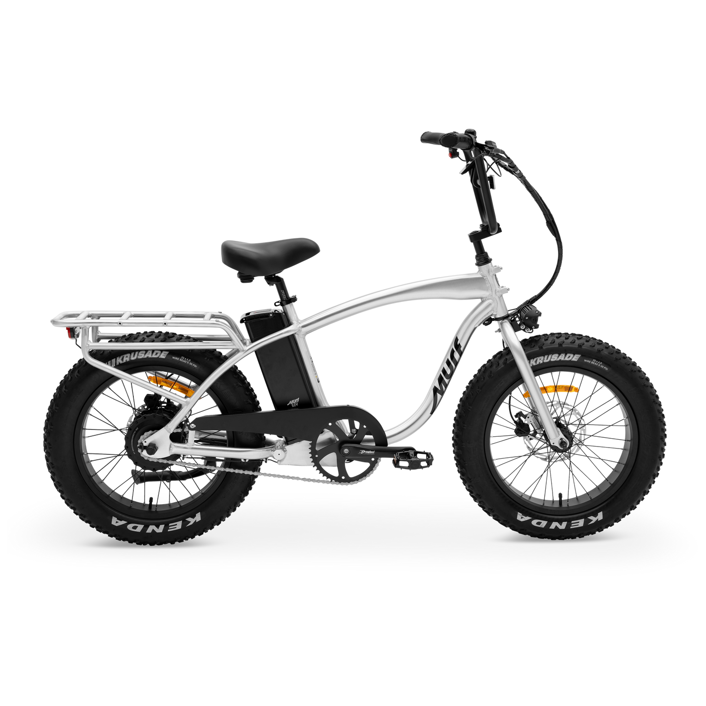 The Higgs  fat tire e-bike in raw polished aluminum frame, shown from side  in a studio view.