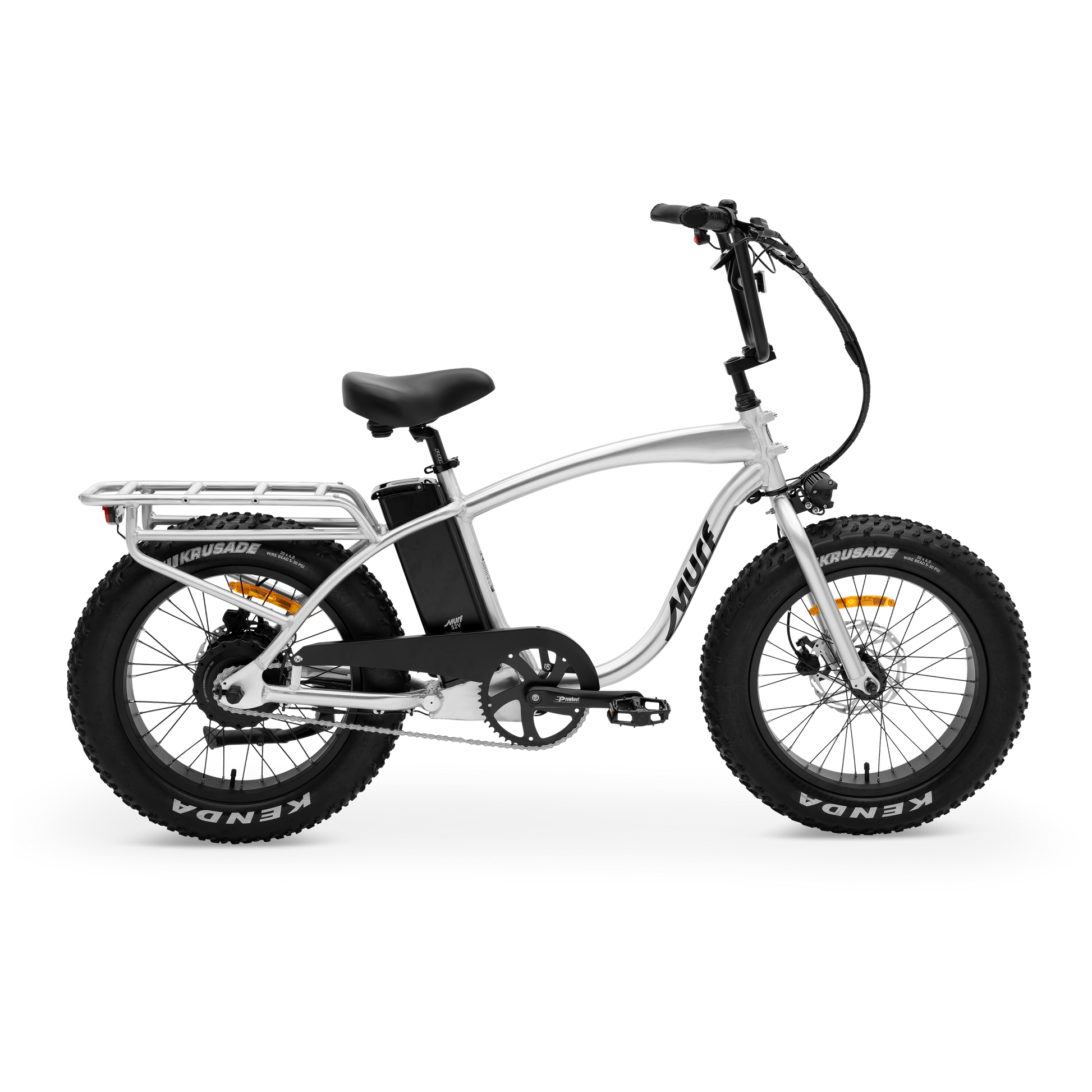 The Higgs  fat tire e-bike in raw polished aluminum frame, shown from side  in a studio view.