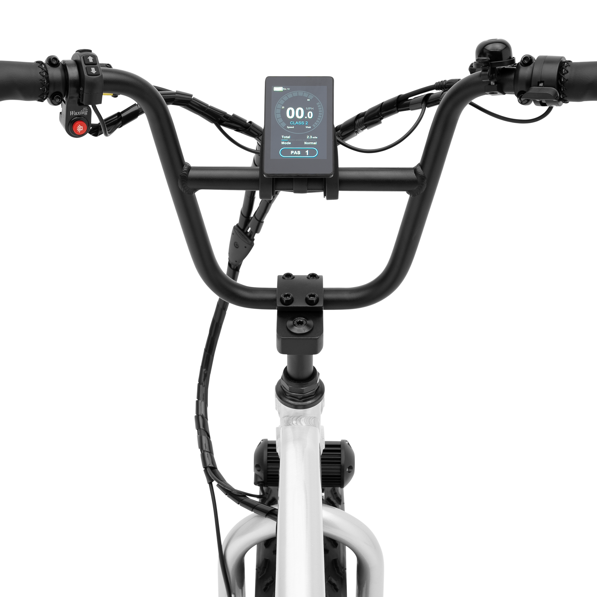 A detailed view of The Higgs compact handlebar display screen, full on view rider perspective
