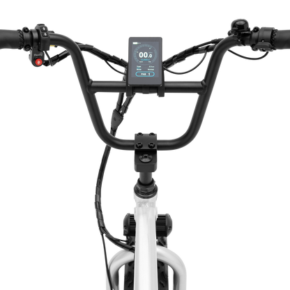 A detailed view of The Higgs compact handlebar display screen, full on view rider perspective
