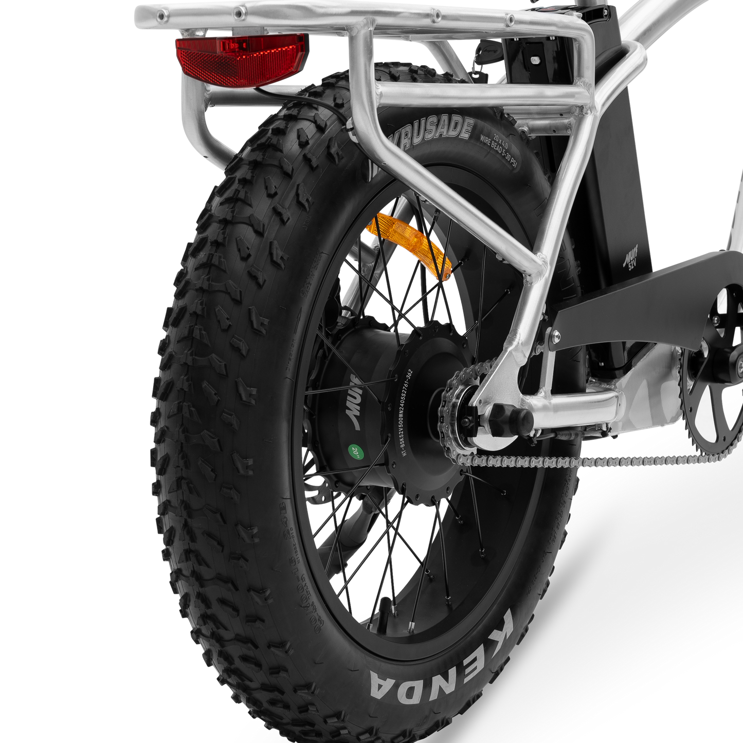 A close-up of The Higgs rear wheel, showing the 750W hub motor.
