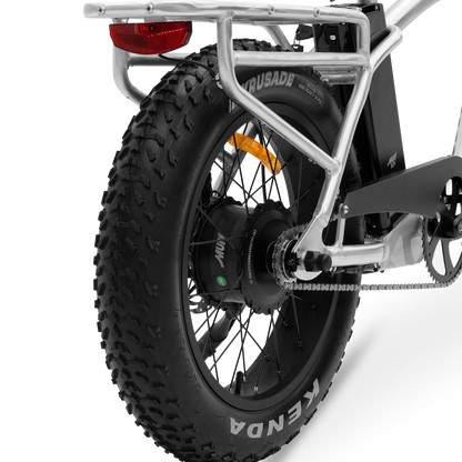 A close-up of The Higgs rear wheel, showing the 750W hub motor.
