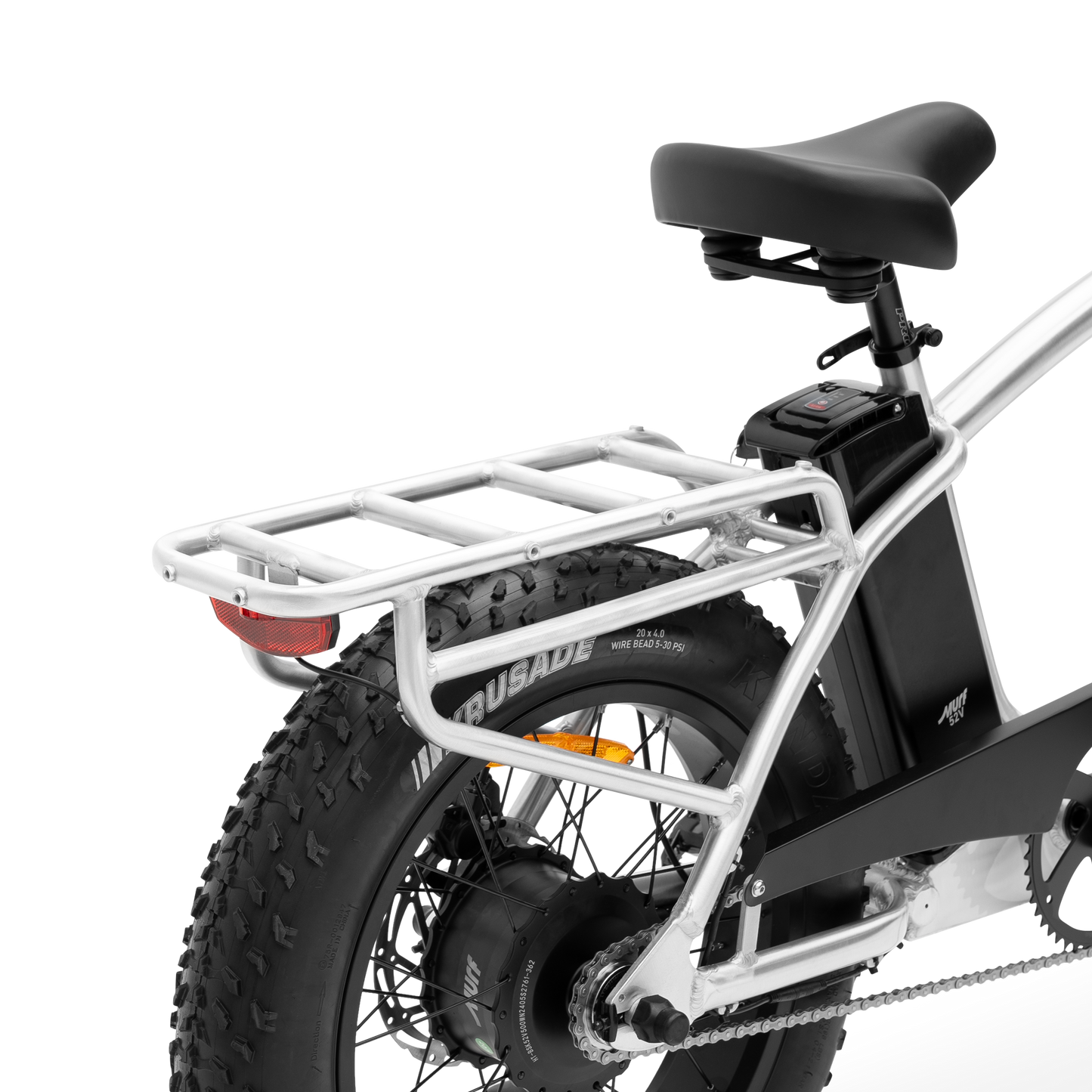 Detailed view of The Higgs rugged, integrated rear rack and tail light.