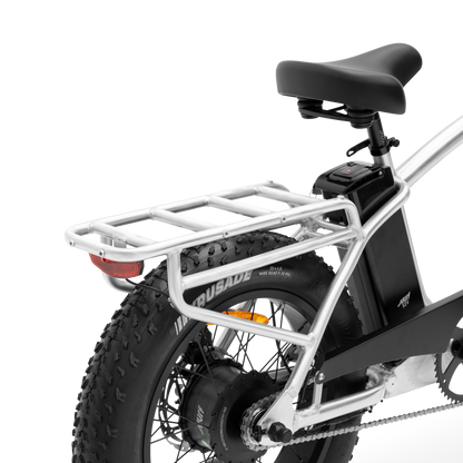 Detailed view of The Higgs rugged, integrated rear rack and tail light.