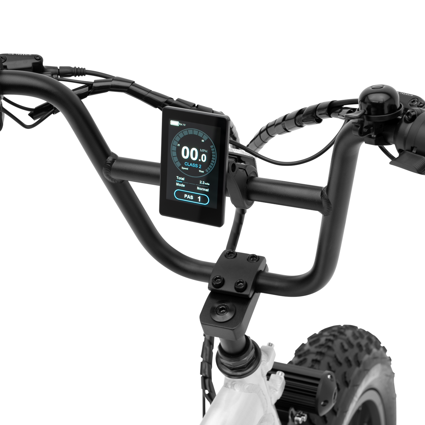 A detailed view of The Higgs compact handlebar display screen.

