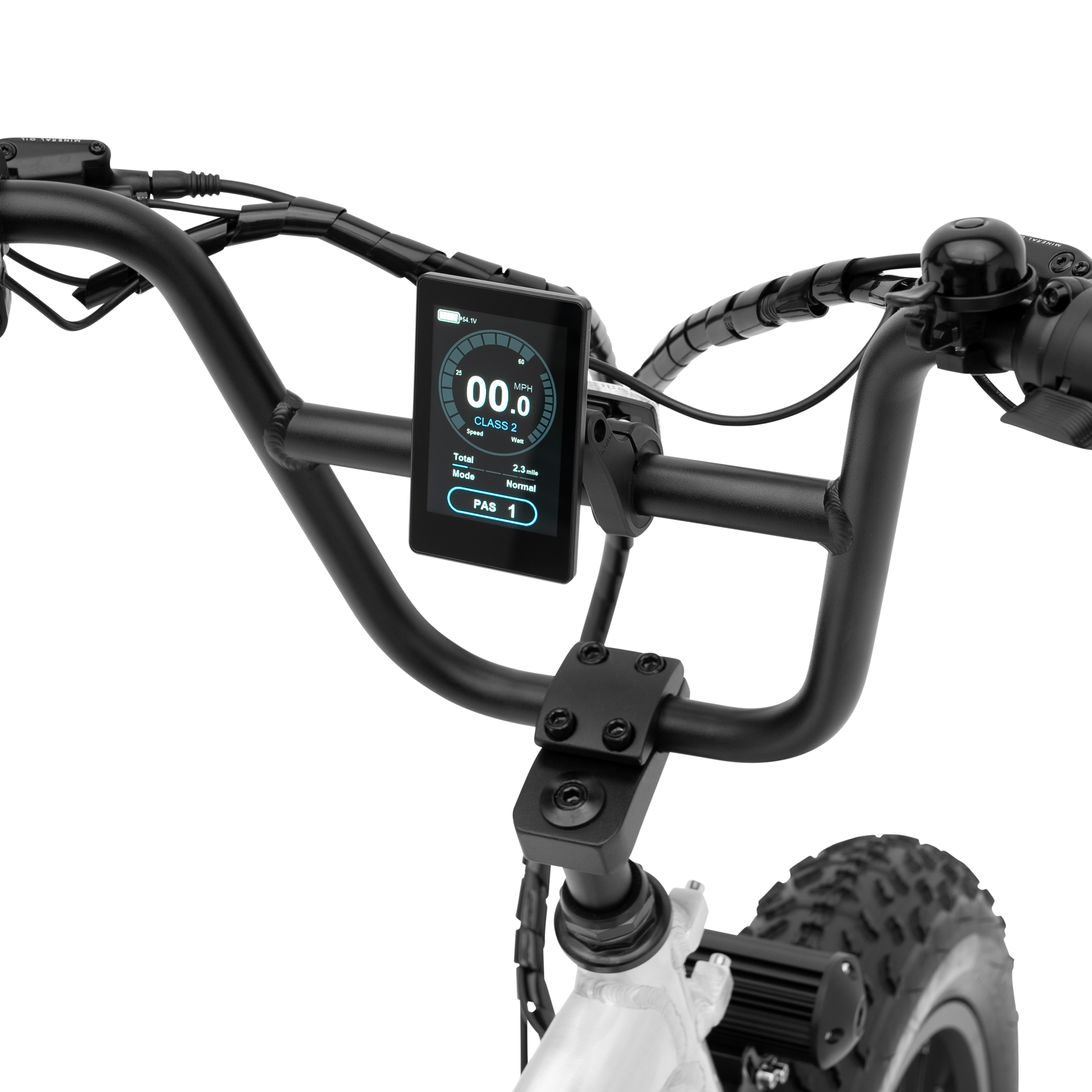 A detailed view of The Higgs compact handlebar display screen.
