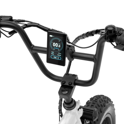 A detailed view of The Higgs compact handlebar display screen.
